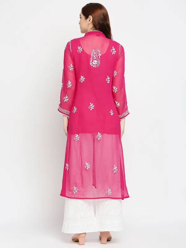 Rani_Pink_Lucknow_Faux_Georgette_Chikankari_Hand_Embroidered_Long_Kurti