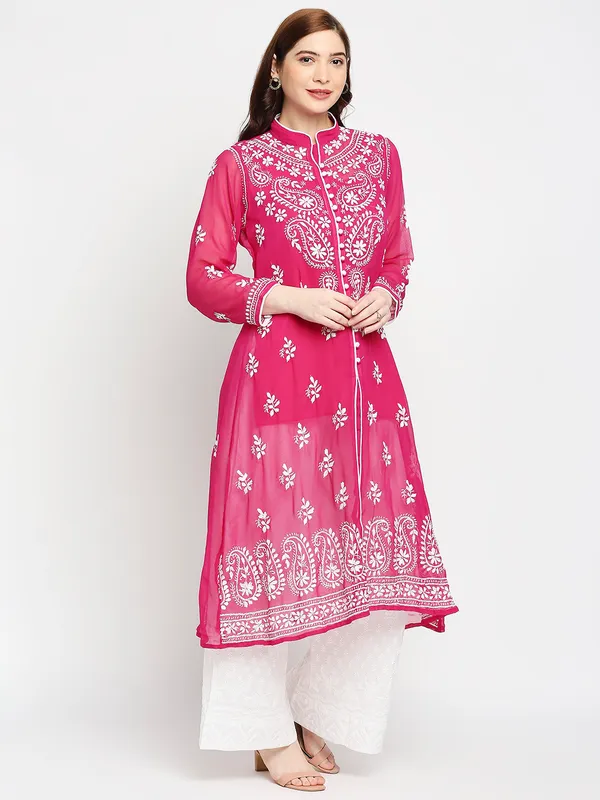 Rani_Pink_Lucknow_Faux_Georgette_Chikankari_Hand_Embroidered_Long_Kurti