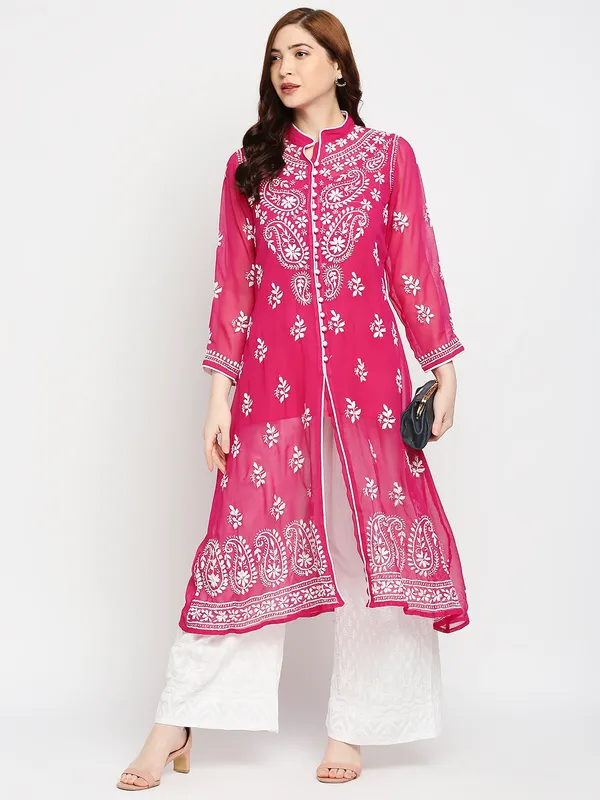 Rani_Pink_Lucknow_Faux_Georgette_Chikankari_Hand_Embroidered_Long_Kurti