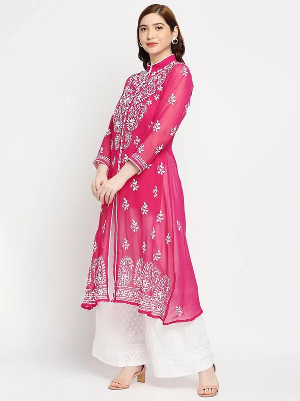 Rani_Pink_Lucknow_Faux_Georgette_Chikankari_Hand_Embroidered_Long_Kurti