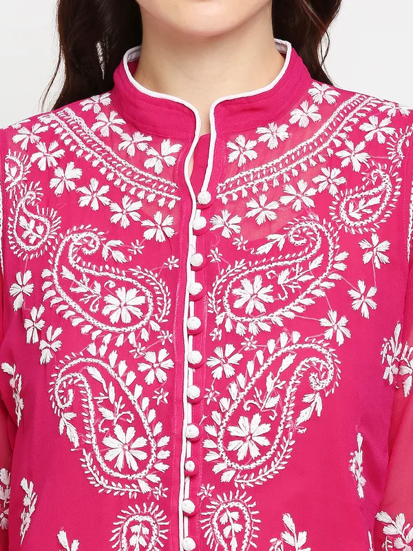 Rani_Pink_Lucknow_Faux_Georgette_Chikankari_Hand_Embroidered_Long_Kurti