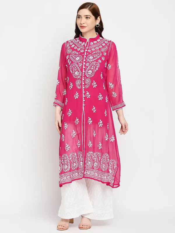 Rani_Pink_Lucknow_Faux_Georgette_Chikankari_Hand_Embroidered_Long_Kurti