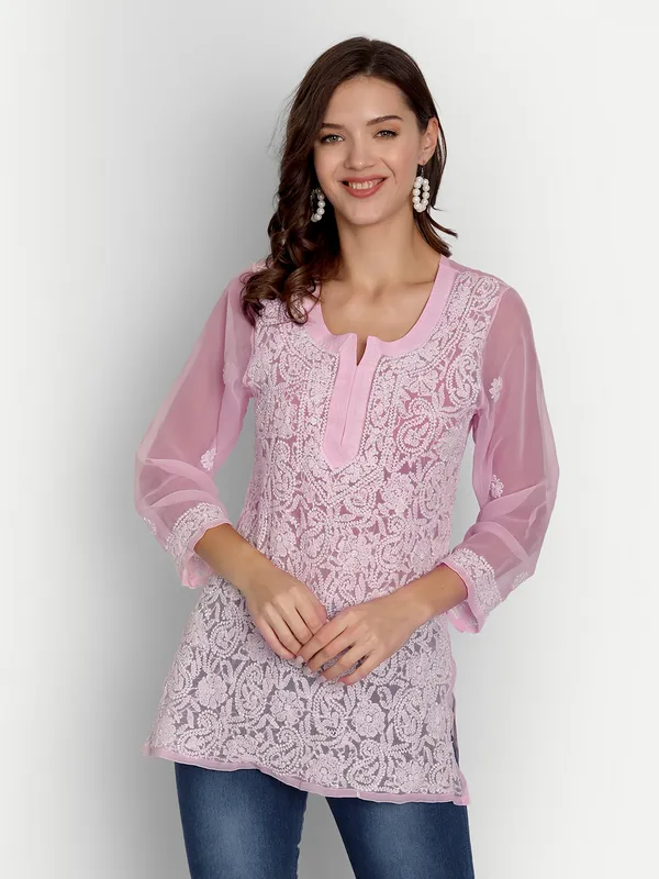 Pretty_Pink_Lucknow_Chikankari_Hand_Embroidered_Tops/Blouse_Short_Kurti_Georgette