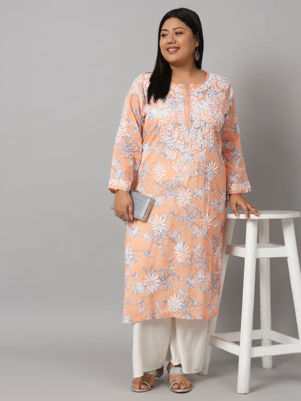 Coral_Chikankari_Hand_Embroidered_Kurta_Plus_Size_Mulmul_Cotton