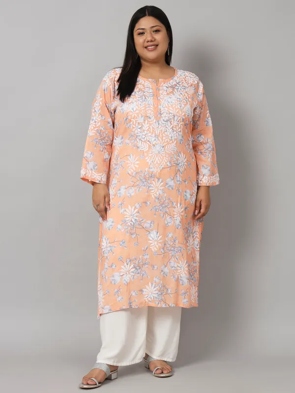 Coral_Chikankari_Hand_Embroidered_Kurta_Plus_Size_Mulmul_Cotton