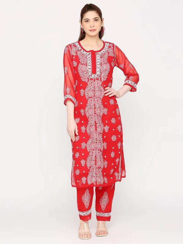Fab_Red_Lucknowi_Chikankari_Hand_Embroidered_Long_Kurti_Palazzo_Set_With_Matching_Inner_Georgette