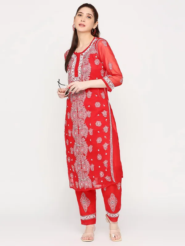 Fab_Red_Lucknowi_Chikankari_Hand_Embroidered_Long_Kurti_Palazzo_Set_With_Matching_Inner_Georgette