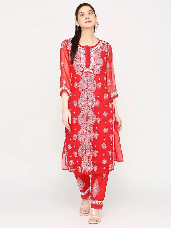 Fab_Red_Lucknowi_Chikankari_Hand_Embroidered_Long_Kurti_Palazzo_Set_With_Matching_Inner_Georgette