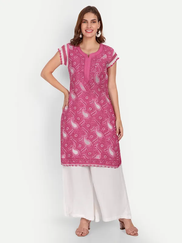 Magenta_Lucknow_Chikankari_Hand_Embroidered_Kurti_Cotton