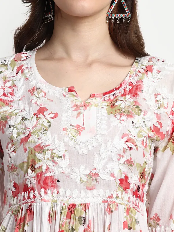 Ravishing_Red_Lucknow_Chikankari_Hand_Embroidered_Tiered_Kurti_Malmal_Cotton