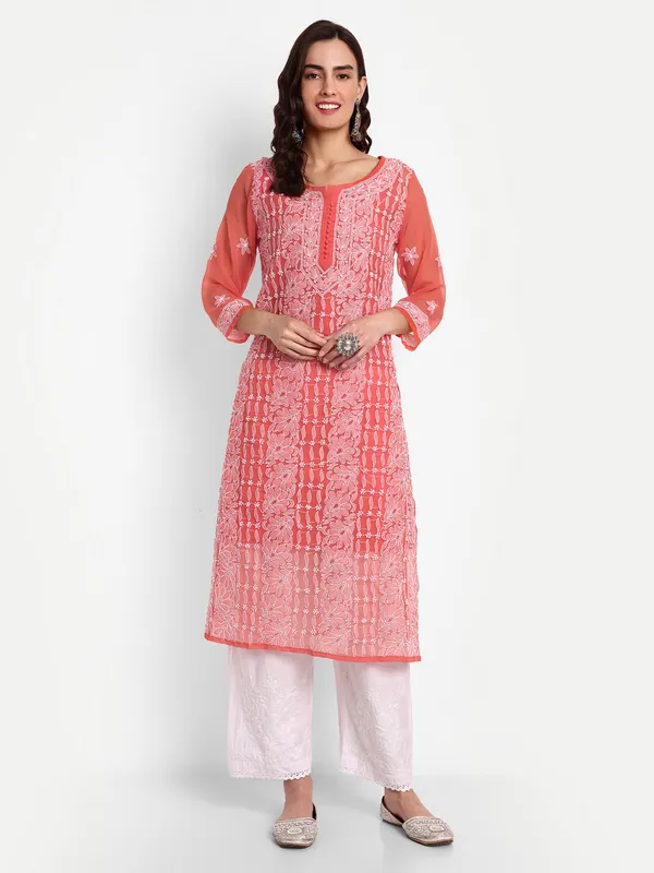 Ruby_Red_Lucknow_Chikankari_Hand_Embroidered_Long_Kurta_With_Matching_Slip_Georgette
