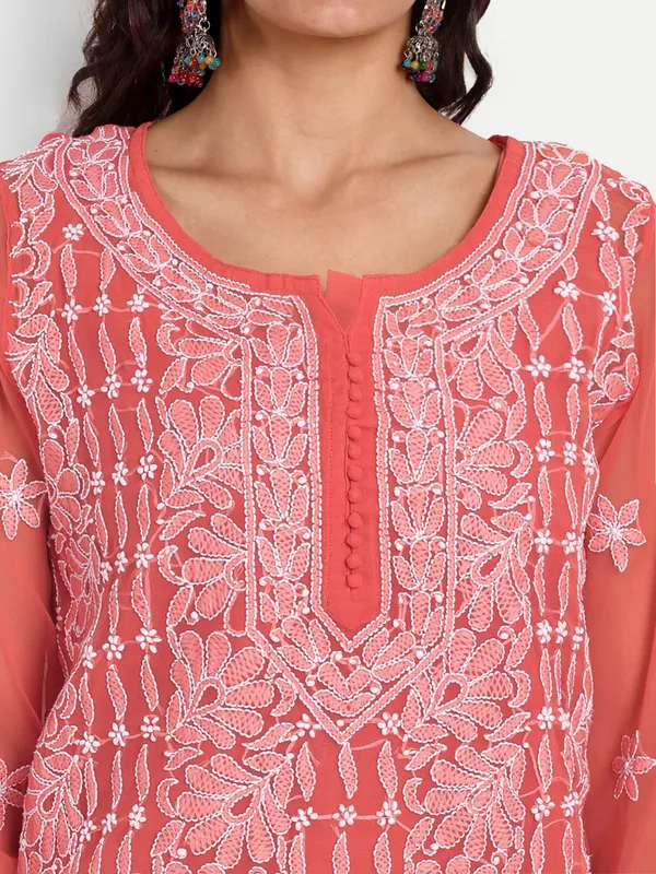 Ruby_Red_Lucknow_Chikankari_Hand_Embroidered_Long_Kurta_With_Matching_Slip_Georgette