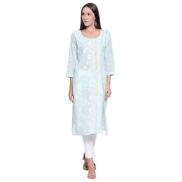 Sea_Blue_Lucknow_Chikankari_Hand_Embroidered_Long_Kurtis_Cotton