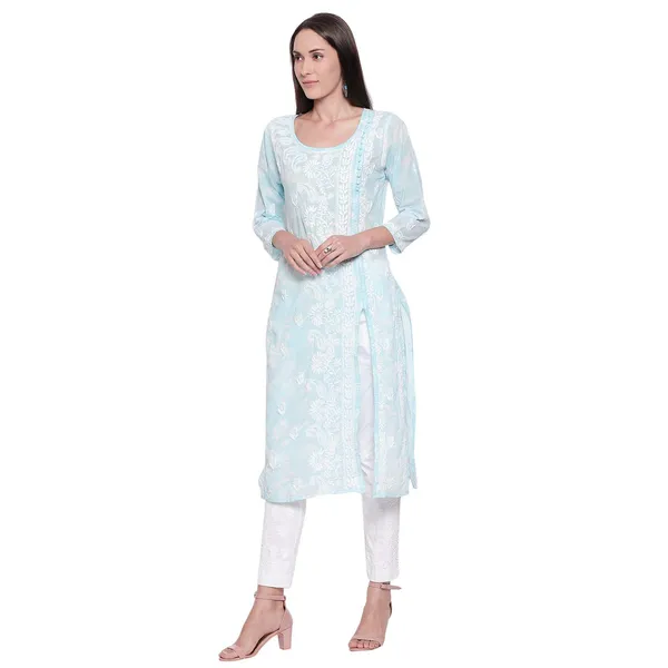 Sea_Blue_Lucknow_Chikankari_Hand_Embroidered_Long_Kurtis_Cotton