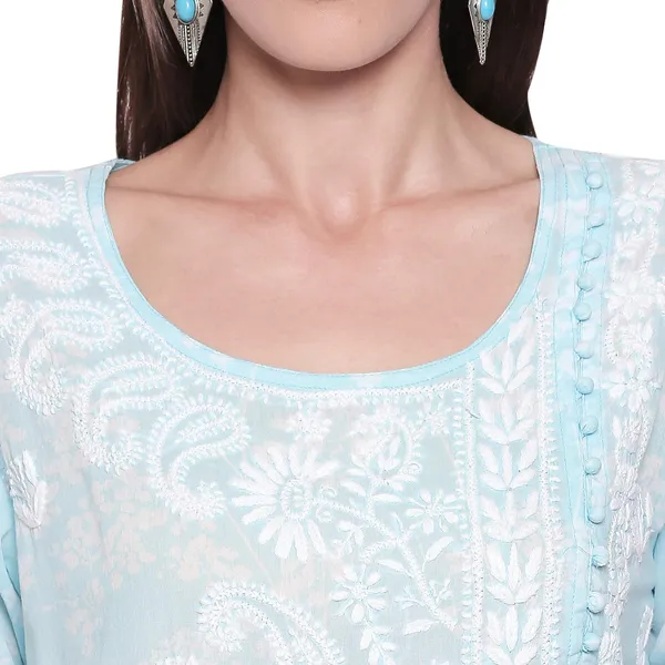 Sea_Blue_Lucknow_Chikankari_Hand_Embroidered_Long_Kurtis_Cotton