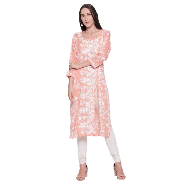 Coral_Lucknow_Chikankari_Hand_Embroidered_Long_Kurtis_Cotton