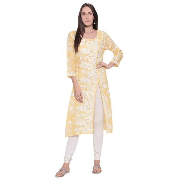 Golden_Yellow_Lucknow_Chikankari_Hand_Embroidered_Long_Kurtis_Cotton