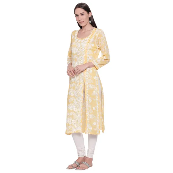 Golden_Yellow_Lucknow_Chikankari_Hand_Embroidered_Long_Kurtis_Cotton