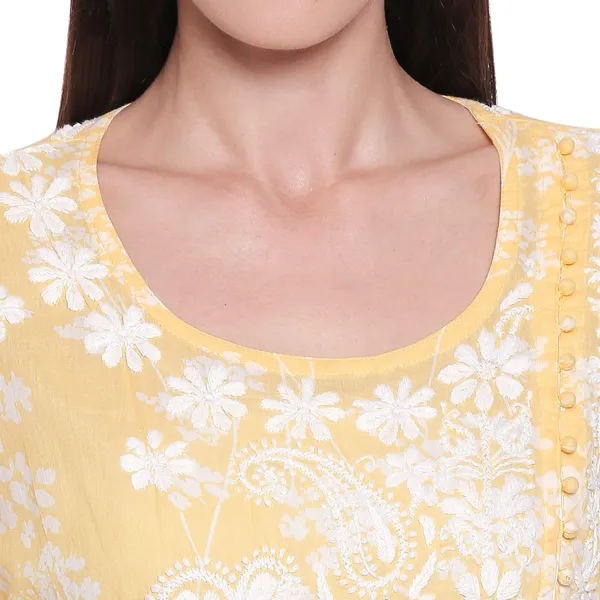 Golden_Yellow_Lucknow_Chikankari_Hand_Embroidered_Long_Kurtis_Cotton