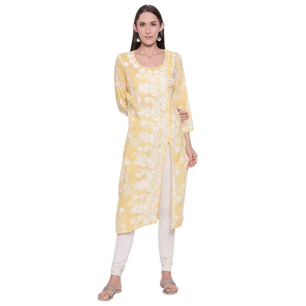 Golden_Yellow_Lucknow_Chikankari_Hand_Embroidered_Long_Kurtis_Cotton