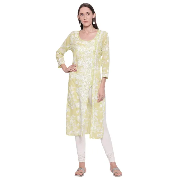 Olive_Green_Lucknow_Chikankari_Hand_Embroidered_Long_Kurtis_Cotton