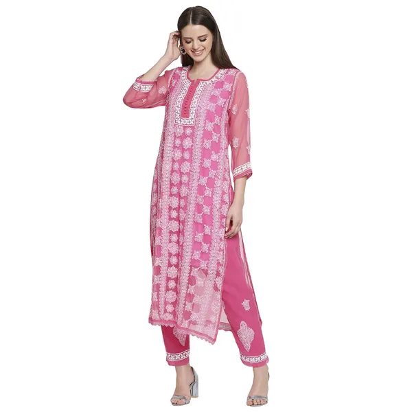 Fuchsia_Pink_Lucknowi_Chikankari_Hand_Embroidered_Long_Kurti_Palazzo_Set_With_Matching_Inner_Georgette