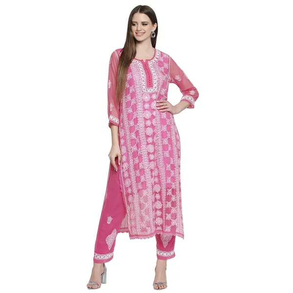 Fuchsia_Pink_Lucknowi_Chikankari_Hand_Embroidered_Long_Kurti_Palazzo_Set_With_Matching_Inner_Georgette