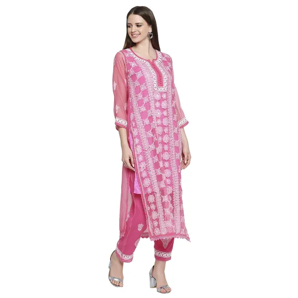 Fuchsia_Pink_Lucknowi_Chikankari_Hand_Embroidered_Long_Kurti_Palazzo_Set_With_Matching_Inner_Georgette