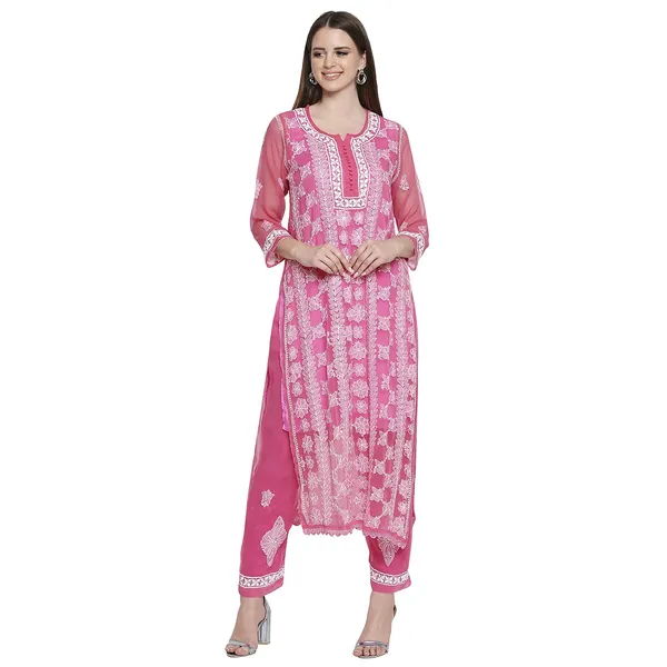 Fuchsia_Pink_Lucknowi_Chikankari_Hand_Embroidered_Long_Kurti_Palazzo_Set_With_Matching_Inner_Georgette