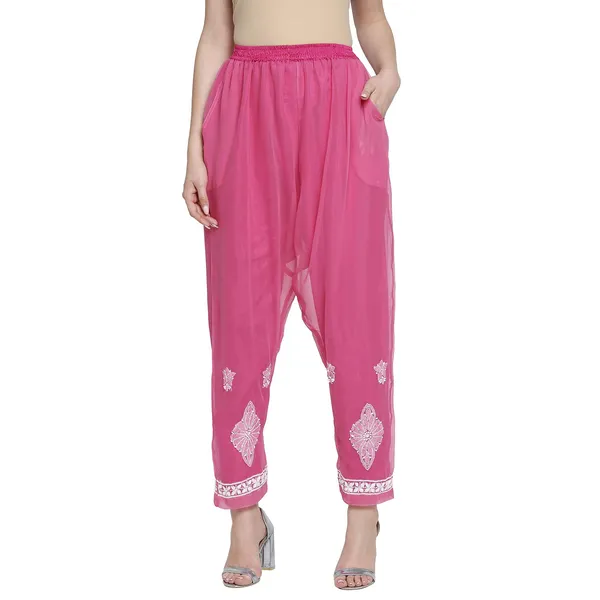 Fuchsia_Pink_Lucknowi_Chikankari_Hand_Embroidered_Long_Kurti_Palazzo_Set_With_Matching_Inner_Georgette