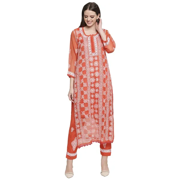Ruby_Red_Lucknowi_Chikankari_Hand_Embroidered_Long_Kurti_Palazzo_Set_With_Matching_Inner_Georgette