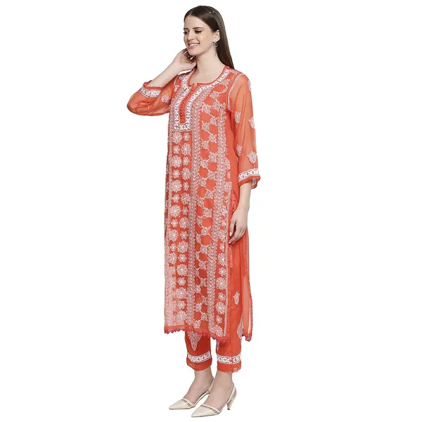 Ruby_Red_Lucknowi_Chikankari_Hand_Embroidered_Long_Kurti_Palazzo_Set_With_Matching_Inner_Georgette