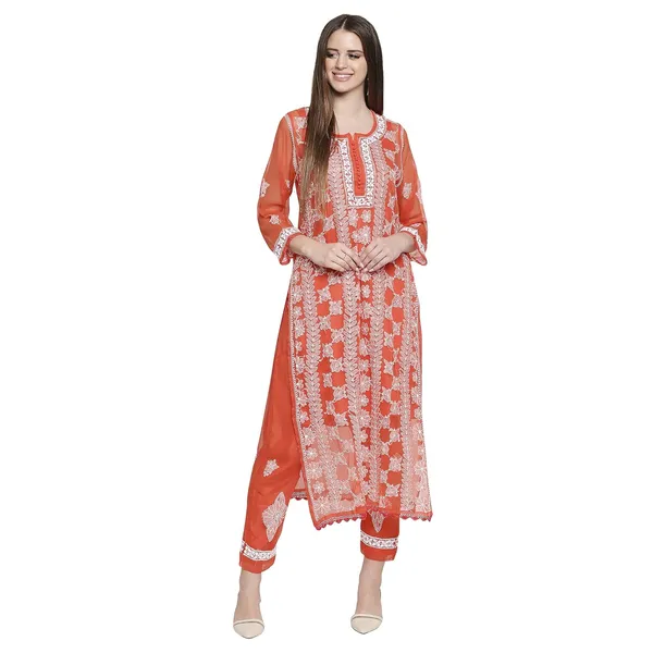 Ruby_Red_Lucknowi_Chikankari_Hand_Embroidered_Long_Kurti_Palazzo_Set_With_Matching_Inner_Georgette