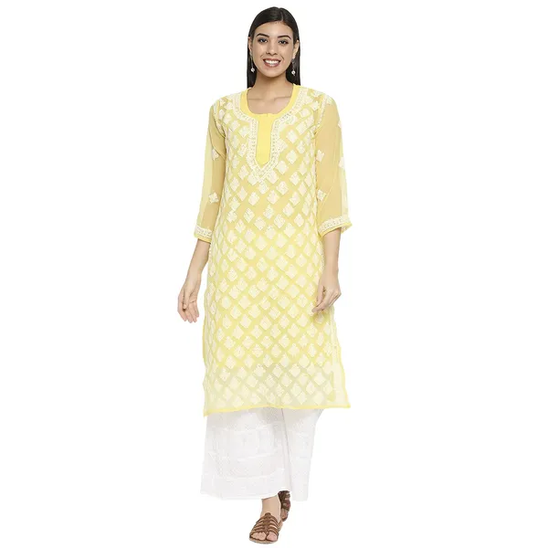Yellow_Lucknow_Chikankari_Hand_Embroidered_Kurti_Long_Kurta_With_Matching_Inner_Georgette