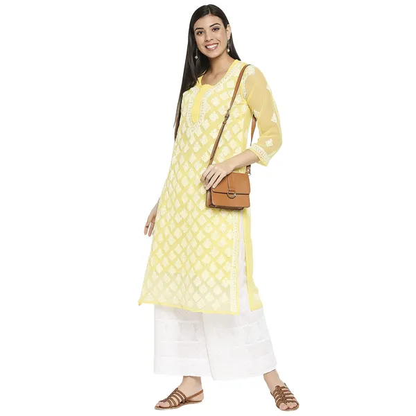 Yellow_Lucknow_Chikankari_Hand_Embroidered_Kurti_Long_Kurta_With_Matching_Inner_Georgette