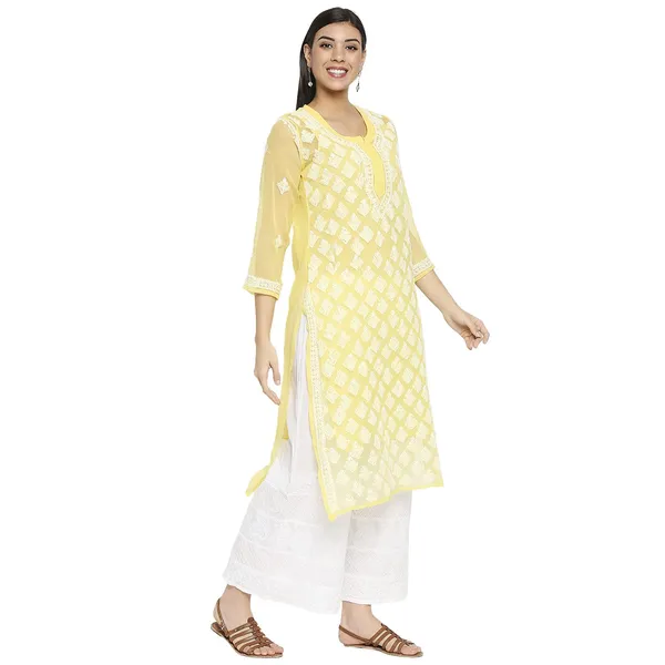 Yellow_Lucknow_Chikankari_Hand_Embroidered_Kurti_Long_Kurta_With_Matching_Inner_Georgette