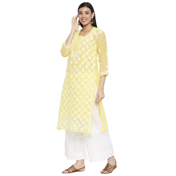 Yellow_Lucknow_Chikankari_Hand_Embroidered_Kurti_Long_Kurta_With_Matching_Inner_Georgette