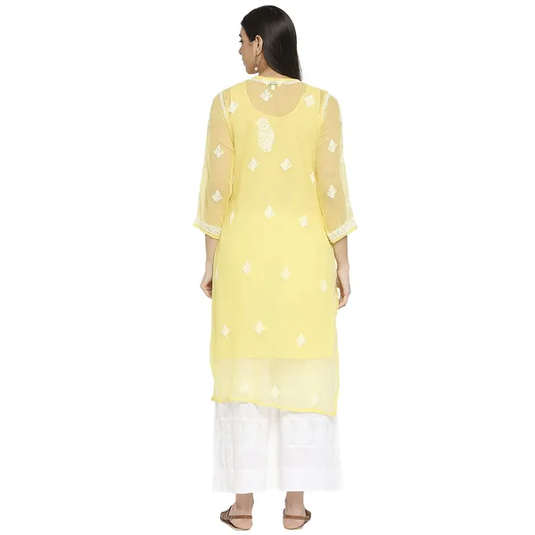 Yellow_Lucknow_Chikankari_Hand_Embroidered_Kurti_Long_Kurta_With_Matching_Inner_Georgette