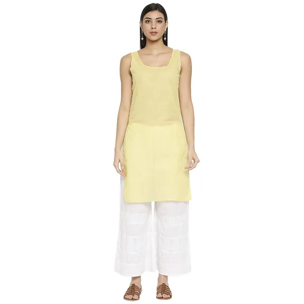 Yellow_Lucknow_Chikankari_Hand_Embroidered_Kurti_Long_Kurta_With_Matching_Inner_Georgette