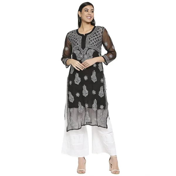 Charismatic_Black_Lucknow_Chikankari_Hand_Embroidered_Long_Kurti_With_Matching_Inner_Georgette