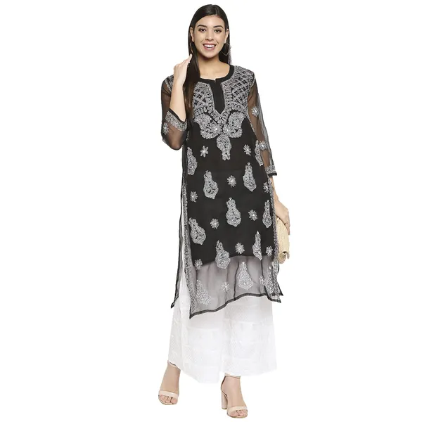 Charismatic_Black_Lucknow_Chikankari_Hand_Embroidered_Long_Kurti_With_Matching_Inner_Georgette