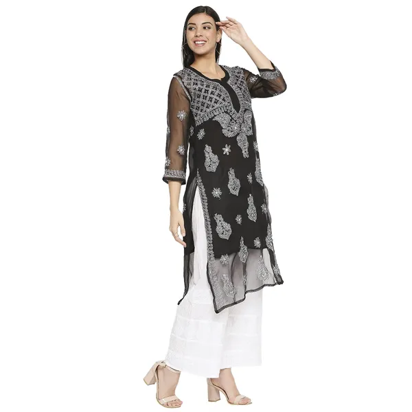 Charismatic_Black_Lucknow_Chikankari_Hand_Embroidered_Long_Kurti_With_Matching_Inner_Georgette