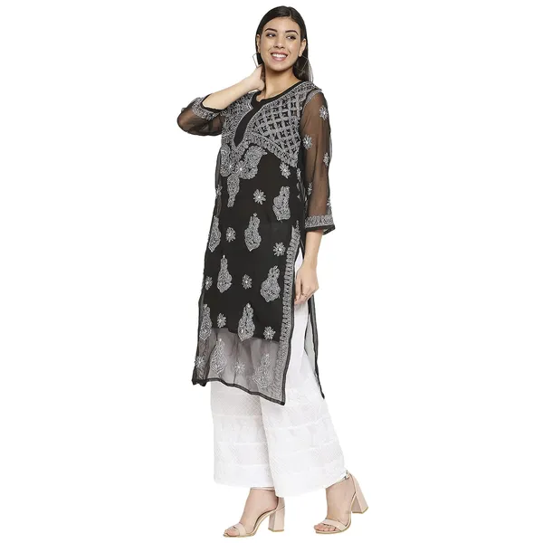 Charismatic_Black_Lucknow_Chikankari_Hand_Embroidered_Long_Kurti_With_Matching_Inner_Georgette
