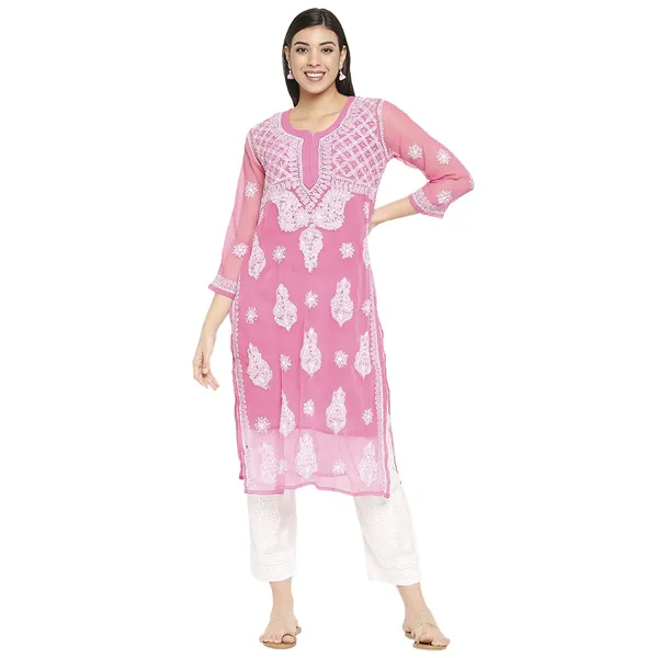 Hot_Pink_Lucknow_Chikankari_Hand_Embroidered_Long_Kurti_With_Matching_Inner_Georgette