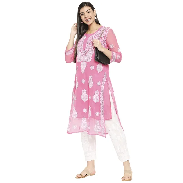 Hot_Pink_Lucknow_Chikankari_Hand_Embroidered_Long_Kurti_With_Matching_Inner_Georgette