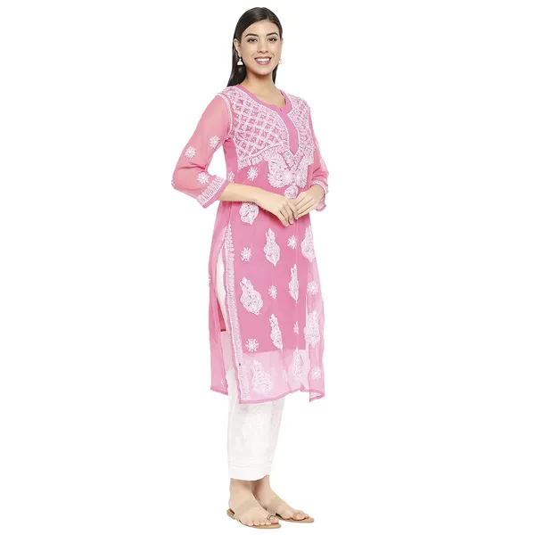 Hot_Pink_Lucknow_Chikankari_Hand_Embroidered_Long_Kurti_With_Matching_Inner_Georgette
