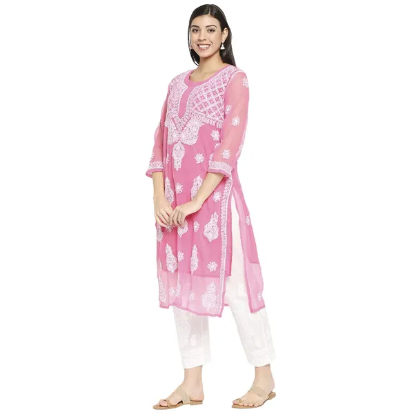 Hot_Pink_Lucknow_Chikankari_Hand_Embroidered_Long_Kurti_With_Matching_Inner_Georgette