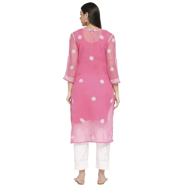 Hot_Pink_Lucknow_Chikankari_Hand_Embroidered_Long_Kurti_With_Matching_Inner_Georgette