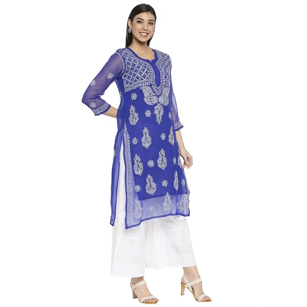 Royal_Blue_Lucknow_Chikankari_Hand_Embroidered_Long_Kurti_With_Matching_Inner_Georgette