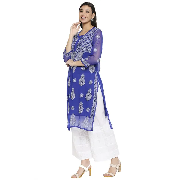 Royal_Blue_Lucknow_Chikankari_Hand_Embroidered_Long_Kurti_With_Matching_Inner_Georgette